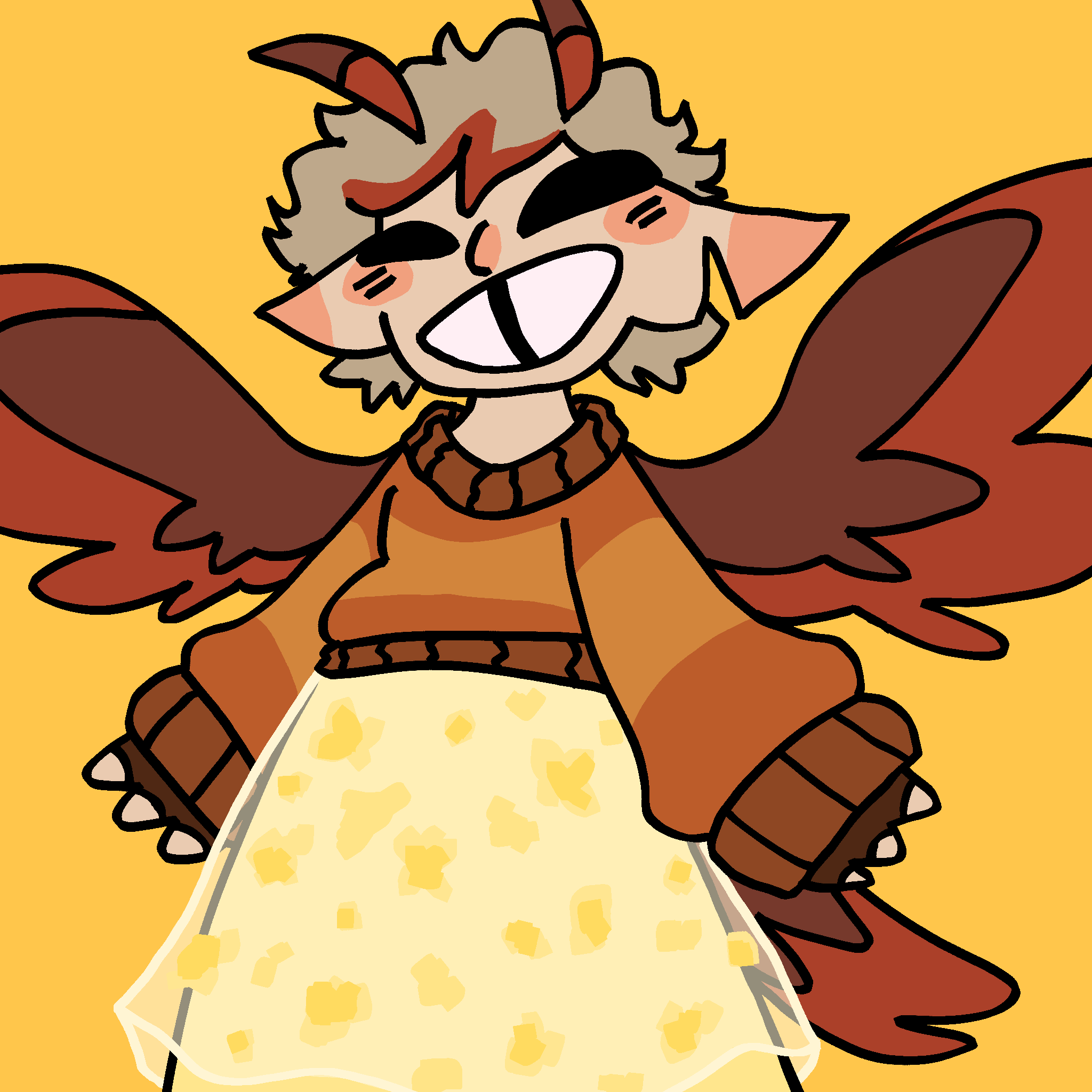 A drawing of a white person with short fluffy blond hair with a red streak, pointy ears (one of which is chipped), and a tooth gap. They have red wings, tail, and feather antennae. They are wearing a cozy autumn colored sweater and a light yellow long flowy skirt with flowers on it.